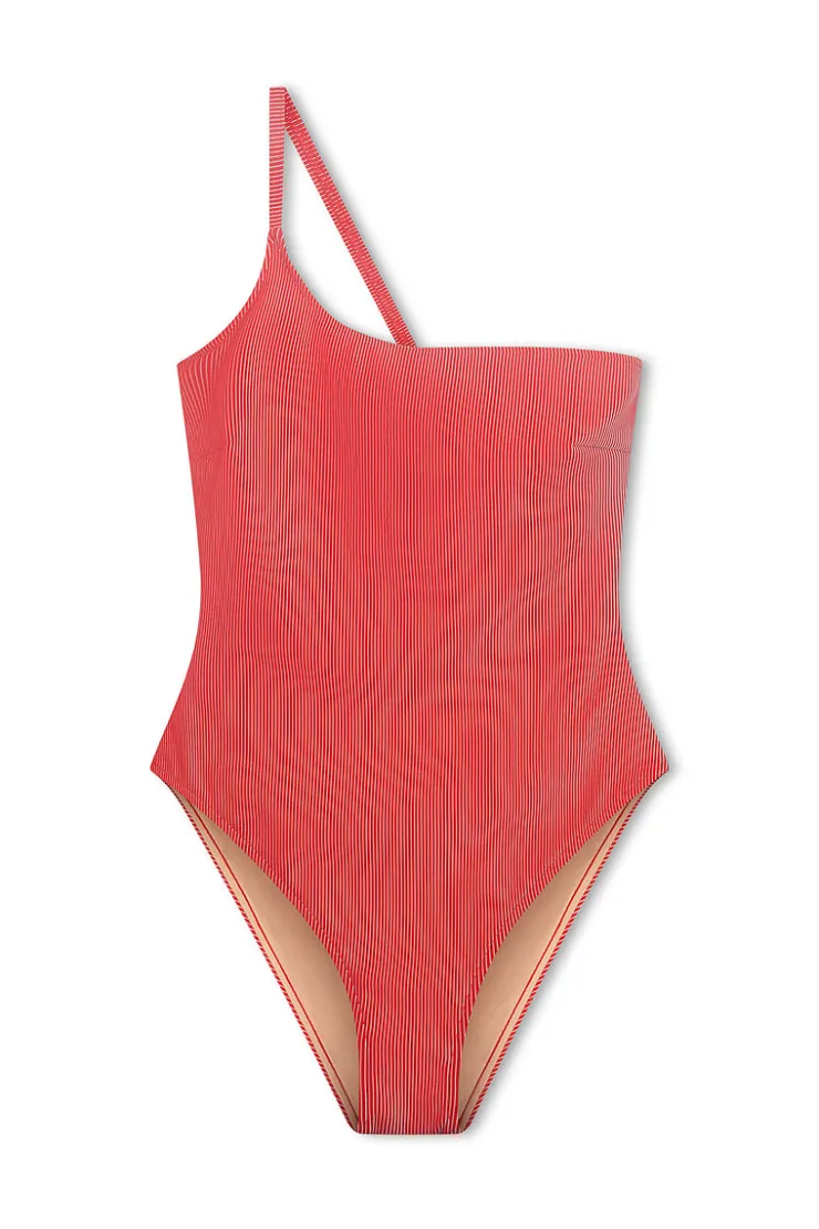 Signature Stripe One Shoulder One Piece - Chilli Red^Zulu & Zephyr Flash Sale
